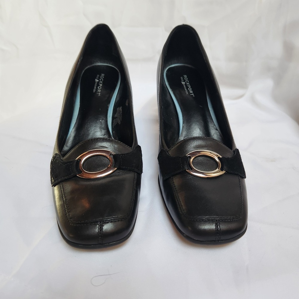 Rockport Women's Black Leather Loafer Pumps Square Toe Silver Buckle Size 8.5M